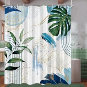 Duschvorhang 180x200 cm Blau Schildkröte Bambusblätter, Beschwerter Saum Antischimmel, Wasserabweisend, Waschbar Polyester Badevorhänge mit 12 Ösen und Duschvorhangringen für Badezimmer, Badewanne