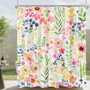 Duschvorhang 180x200 cm Nette Blumen Licht Grün, Beschwerter Saum Antischimmel Textil, Wasserabweisend, Waschbar Polyester Badevorhänge mit 12 Ösen und Duschvorhangringen für Badezimmer, Badewanne