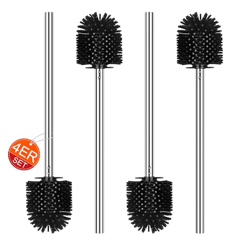 Toilettenbürsten 4er Pack, Silikon mit Edelstahlstiel, Ø 7 cm, Schwarz, Klobürste für effektive Reinigung