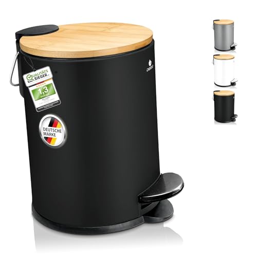 Exitoso kleiner Mülleimer Bad schwarz - Kosmetikeimer 3L Bambus rutschfest, Tretmülleimer Bad aus Edelstahl mit Softclose Deckel, Badmülleimer Kosmetikeimer schwarz Bad Mülleimer Badezimmer