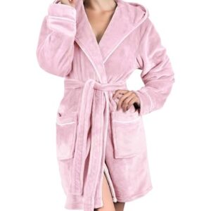 Damen Bademantel mit Kapuze und Kuschelfleece, Öko-Tex Standard 100, leicht und kurz, Größe M, Rosa