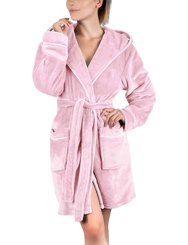 Damen Bademantel mit Kapuze und Kuschelfleece, Öko-Tex Standard 100, leicht und kurz, Größe M, Rosa
