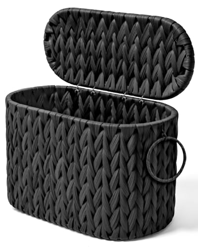 Handgefertigter Rattan-Korb für Toilettenpapier mit Deckel und Zeitschriftenhalter, perfektes Badezimmer-Organisationsmittel, hochdichte Polyethylen-Aufbau, wasserfest und leicht abwaschbar