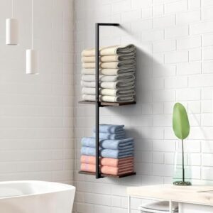 Handtuchregal ohne Bohren, Badezimmer Handtuch Aufbewahrung mit 2 Etagen, Holz Regal für Gäste Handtücher und Badartikel