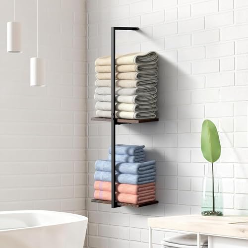 Handtuchregal ohne Bohren, Badezimmer Handtuch Aufbewahrung mit 2 Etagen, Holz Regal für Gäste Handtücher und Badartikel