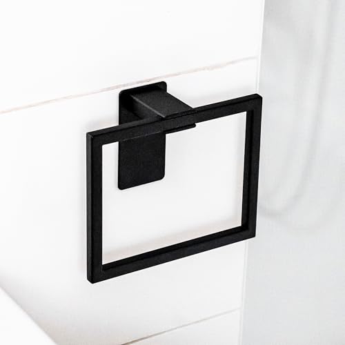 Black Edelstahl Handtuchring ohne Bohren, selbstklebend inkl. Spezialkleber, Design Handtuchhalter Ring für Bad, WC & Küche, moderne Handtuch Halterung eckig