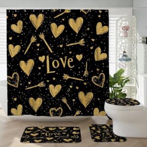 Herz-Duschvorhang-Set, romantische Badezimmerdeko mit Gold-Muster und Pfeil-Liebe-Symbolen, wasserdicht und einfach zu reinigen