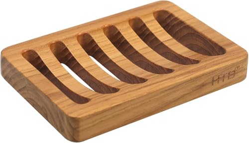 HTB Seifenhalter mit Schlitzen, Teakholz aus Holz, Küche, Schwammhalter, selbstentleerende Seifenschale für Dusche, Waschbecken, Badezimmer, Badewanne, Wohnmobil