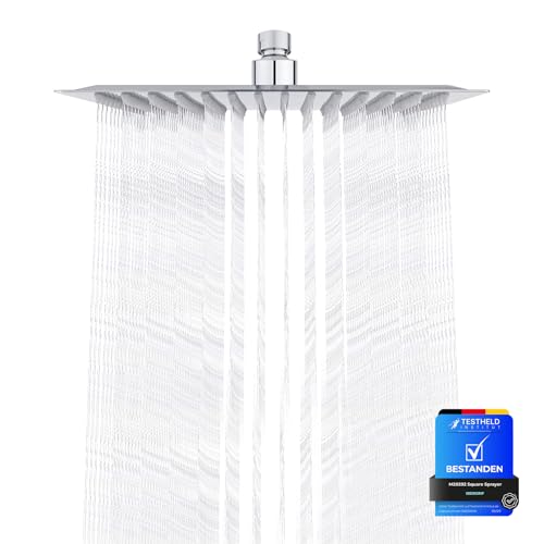 Hochwertiger und langlebiger Regenduschkopf aus Edelstahl für Gartendusche, quadratisches Design 20x20cm, selbstreinigend und dauerhaft starken Wasserstrahl