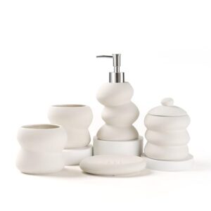 Keramik Badezimmer Set 5-teilig - Beige, Unregelmäßige Form, Minimalistisches Bad-Accessoires Set mit Seifenspender, Zahnputzbecher, Seifenschale & Wattestäbchenbehälter für modernes Bad