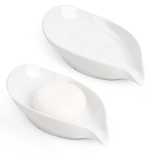 ANTIS'S HOME Keramik Seifenschale mit Ablauf im 2er-Set - Blattform Seifenhalter mit rutschfesten Blattadern, Weiß Porzellan für Bad und Waschbecken