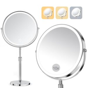 SURFOU 8-Zoll Kosmetikspiegel mit Beleuchtung, 10X/1X Vergrößerungsspiegel Doppelseitig - 360° Drehbarer & Abnehmbarer Tischspiegel für Makeup, Rasur, Badezimmer und Reise