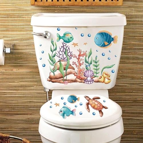 3 Stück Aufkleber für Toilettendeckel mit Meerestieren wie Schildkröten, Fischen und Delfinen - Selbstklebend und Unterwasser-Thema für Badezimmer WC Sitz Wandtattoo Abnehmbare Dekoration