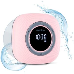 Duschradio mit Bluetooth, UKW Radio, Saugnapf und LED-Display in rosa Farbe, Wasserdicht und integriertem Akku