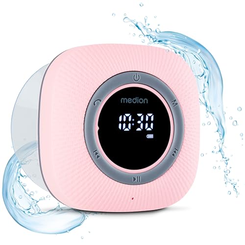 Duschradio mit Bluetooth, UKW Radio, Saugnapf und LED-Display in rosa Farbe, Wasserdicht und integriertem Akku