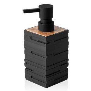 Moderne Seifenspender aus hochwertigem Material, mit Pumpmechanismus und dekorativen Teakholz-Elementen, geeignet für Küche oder Badezimmer.
