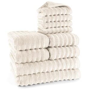 Pure Label 10-TLG. Handtücher Set mit Aufhängeschlaufen aus 100% Baumwolle, saugstark und weich - 2X Badetuch (70x140cm) 4X Handtuch (50x100cm) 4X Gästetuch (30x50cm), Creme