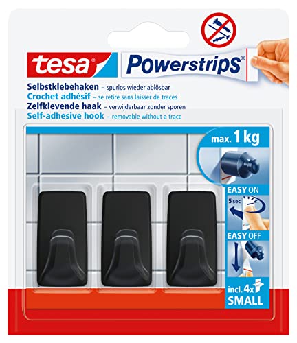 Selbstklebende Wandhaken für leichte Objekte, rückstandslos ablösbare tesa Powerstrips, 3 x Klebehaken, 4 x Klebestreifen, geeignet für Kacheln, Glas, Kunststoff und weitere Untergründe.