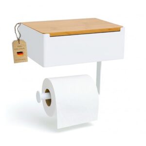Toilettenpapierhalter mit Feuchttüchern in Edelstahl und Bambus, weißer Klopapierhalter ohne Bohren für Badezimmer, umweltfreundlich und nachhaltig