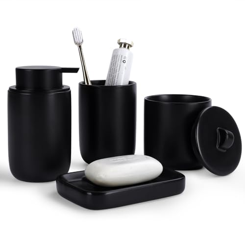 Badezimmerset aus Keramik mit Seifenspender, Mundbecher, Wattestäbchenglas und Seifenschale für Bad, Bathroom, Duschen