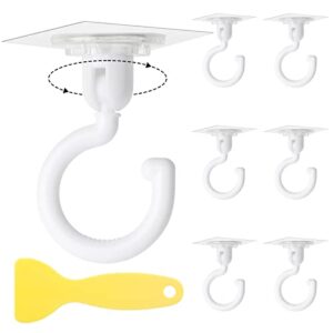 Weißer Deckenhaken mit schwarzer Pfeilbeschriftung und gelben Griffen, 360° drehbar, ideal für kleine Räume und ohne Bohren installierbar.