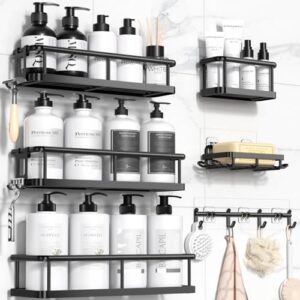 Badezimmer Organizer für eine saubere und organisierte Dusche - YASONIC Duschablage ohne Bohren mit Seifenhalter und 12 Haken, Rostfrei Shampoo Halterung für Dusche Schwarz