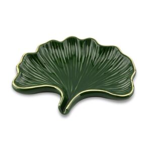 Grüne Keramik-Seifenschale mit Ablauf in Form eines Ginkgo-Blaettes. Perfekt für Badezimmer, Dusche und Küche.