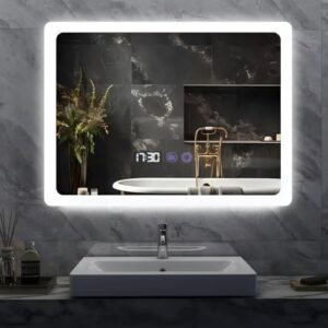 Badezimmerspiegel mit LED-Beleuchtung, 80x60 cm groß, 3 Lichtfarben, dimmbar, gehärtetes Glas, IP44 Wasserfestigkeit