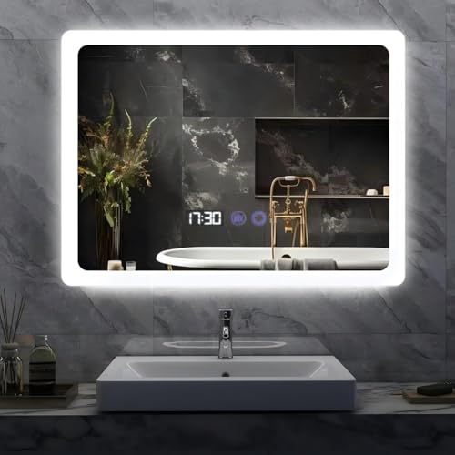 Badezimmerspiegel mit LED-Beleuchtung, 80x60 cm groß, 3 Lichtfarben, dimmbar, gehärtetes Glas, IP44 Wasserfestigkeit