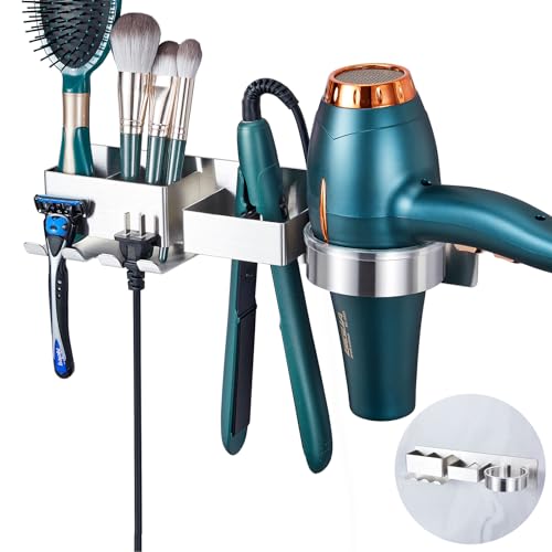 Föhnhalter Wand ohne Bohren, Fönhalter Wandhalterung für Haartrockner und Glätteisen mit Aufbewahrung für Kabel und Utensilien, silberfarben