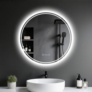 Moderner Badspiegel mit Beleuchtung, Badezimmerspiegel mit LED-Licht, Touch-Schalter und Dimmbarkeit, 3 Lichtfarben, Explosionsschutzfolie und Uhr 50cm