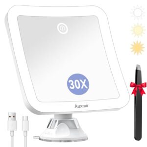Schminkspiegel mit Beleuchtung, 30-fach Vergrößerung, Touch-Funktion, 3 Lichtfarben, 2000mAh Akku, saugnasser Aufsatz, ideal für Badezimmer oder Reise