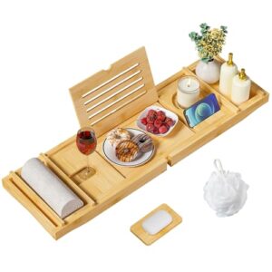 Verstellbare Badewannenablage aus Bambus für Ipad und Bücher, Badewannentablett mit Getränkehalter und Buchstütze