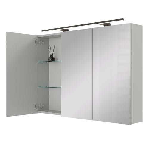 Spiegelschrank Bad mit Beleuchtung und Steckdose, weiß grau 100x70x16cm für Badezimmer oder Gäste WC