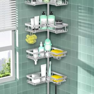 Dusche Caddy Corner - Teleskopisches Badezimmerregal von 25 bis 114 Zoll, rustproof Dusche Caddy mit 4 Körbern, keine Bohrungen silbrig
