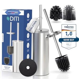 DITI Klobürste Runde Silikon Silber Matt - Edelstahl gebürstet Toilettenbürste mit Halter & Spritzschutz inkl Ersatzbürsten - antibakteriell für eine gründliche Reinigung