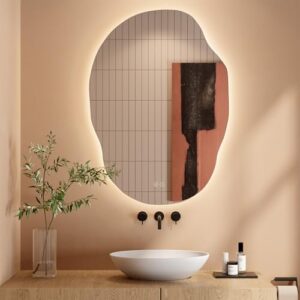 Eleganter Badezimmerspiegel mit LED-Beleuchtung und Touch-Schalter, asymmetrische Form, 3 Lichtfarben einstellbar, ideal für moderne Badgestaltung
