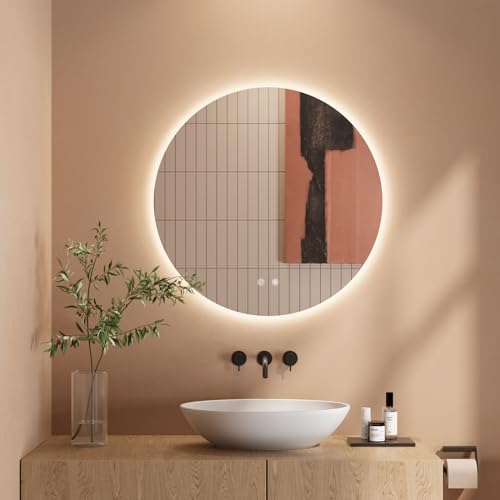 Dripex Badezimmerspiegel mit LED-Beleuchtung, rund und touch-schaltbar, Dimmbar in 3 Lichtfarben, Einstellbare Spiegel für Bad mit Beleuchtung, Wandspiegel mit Licht und Beschlagfreiheit