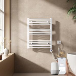 EMKE Handtuchheizkörper Elektrisch mit Thermostat 750 x 600 mm, WiFi intelligenter Gebogener Badheizkörper Elektrischer Handtuchwärmer Handtuchhalter mit Heizstab Weiß 300 Watt