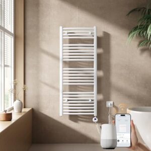 EMKE Handtuchheizkörper Elektrisch mit Thermostat, WiFi intelligenter Gebogener Badheizkörper für effektives Heizen und Trocknen von Handtüchern, 1200 x 500 mm, Weiß