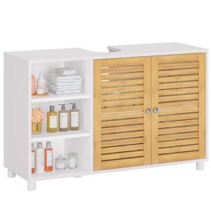 Badezimmer-Schrank mit 2 Bambustüren, extra lang 30 x 90 x 60 cm, Waschtischunterbau, Platzsparend, Stabil & Solide, Höhenverstellbare Ablagen