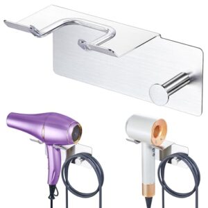 Fönhalter ohne Bohren, metallischer Haartrocknerhalter für Wand ohne Bohren, Selbstklebender Fönhalter für Badezimmer und Schlafzimmer, silberfarben
