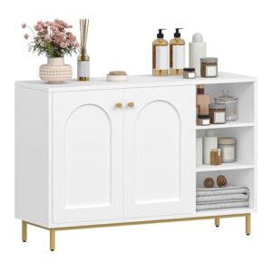 Badezimmerschrank mit 2 Türen, Beistellschrank und offenem Fach für Badezimmerartikel, weiß-goldenes Design