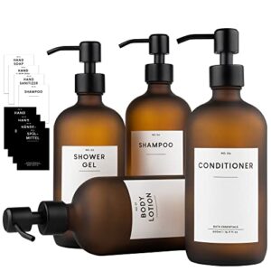 Elegante und nachhaltige Seifenspender für dein Bad, MONOKO 4er Set aus Glas mit Pumpflaschen und Aufklebern zum Befüllen von Shampoo, Conditioner oder Spülmittel