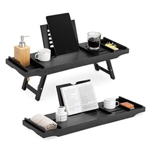 Bambus Badewannenablage für das Frühstück mit ausziehbarem Tablett und Weingläsernhalterung, perfekt fürs Bad oder Bett