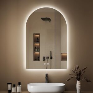 Eleganter Badspiegel mit Beleuchtung, Bogen 50x75 cm, Rahmenlos, Beschlagfrei, Touch-Schalter, Dimmbar, 3 Lichtfarbe Einstellbar