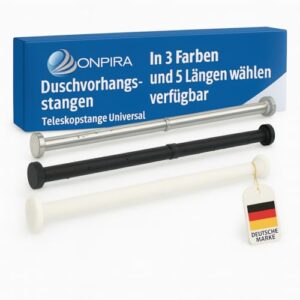 Rostfreie Duschvorhangstange und Gardinenstange ohne Bohren, starker Halt bis 12 kg, verstellbar in 5 Längen von 40-230 cm, 3 Farben: Schwarz, Weiß und Edelstahl.