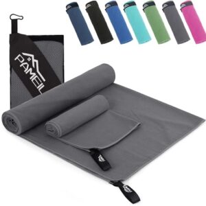 Zwei Mikrofaser Handtücher, ein großes 160x80cm und ein kleines 80x40cm, in verschiedenen Farben wie schwarz, blau, pink, grün und violett. Die Handtücher sind kompakt, leicht und schnell trocknend.