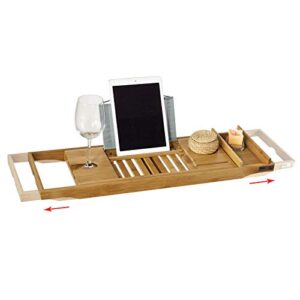 Badewannenablage aus Bambus mit Buchstütze, Wein Glashalter und Seifenfach, ausziehbares Badewannenauflage für Wannenbreite zwischen 70-104cm