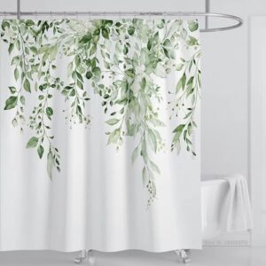Smaragdgrüner Eukalyptus-Duschvorhangstoff, aquarell-Pflanzenblätter mit floralem Badezimmer-Duschvorhang-Set mit Haken 130x160cm/BxH